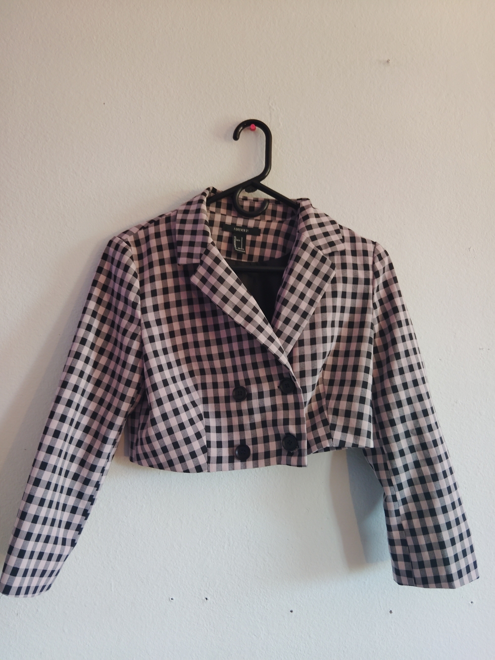Forever 21 Women's Pink & Black Checkered Cropped Blazer Jacket